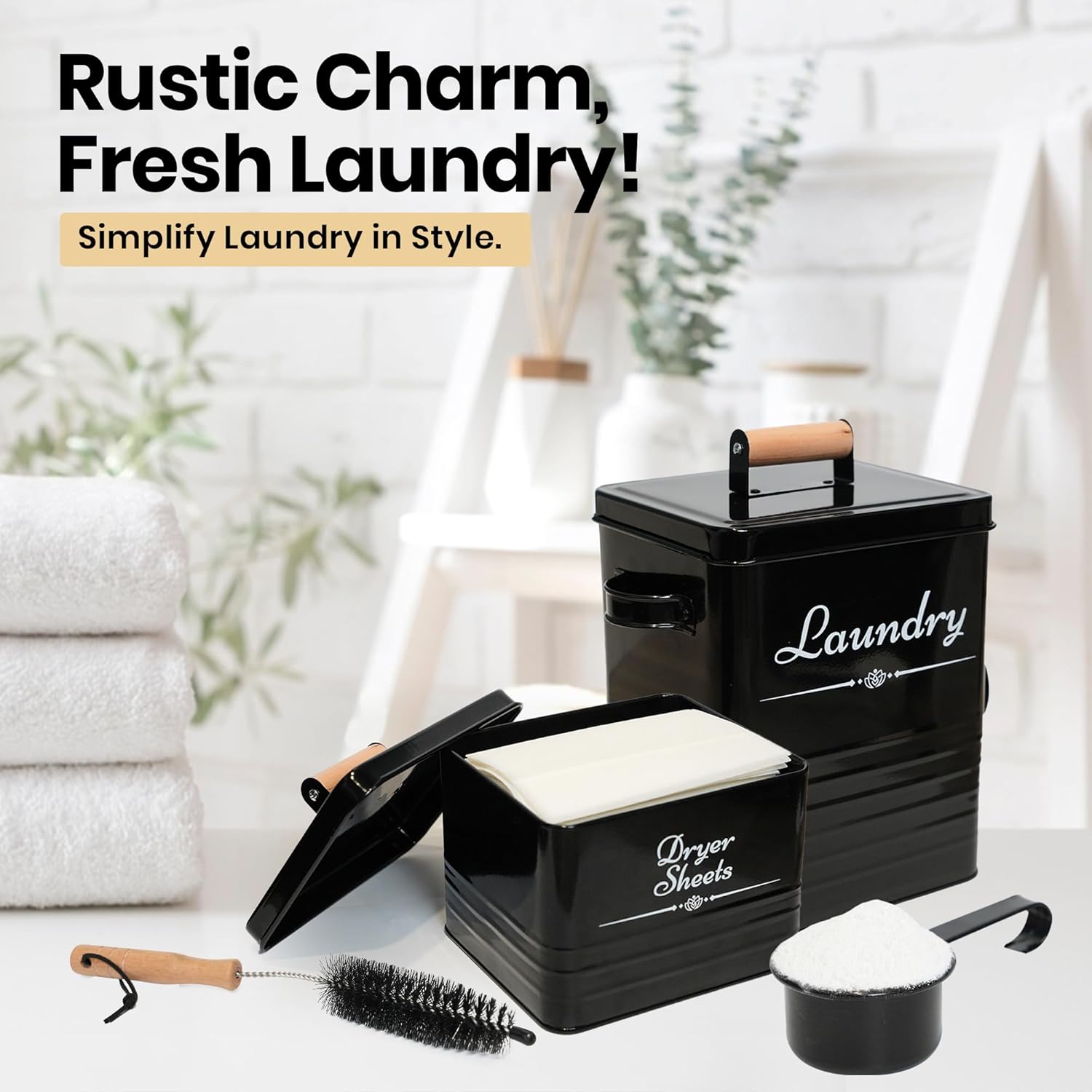 Farmhouse Metal Detergent Pod Container with Dryer Sheet Holder for Laundry Room Organization and Storage - Holds Over 200 Pods and 300 Sheets