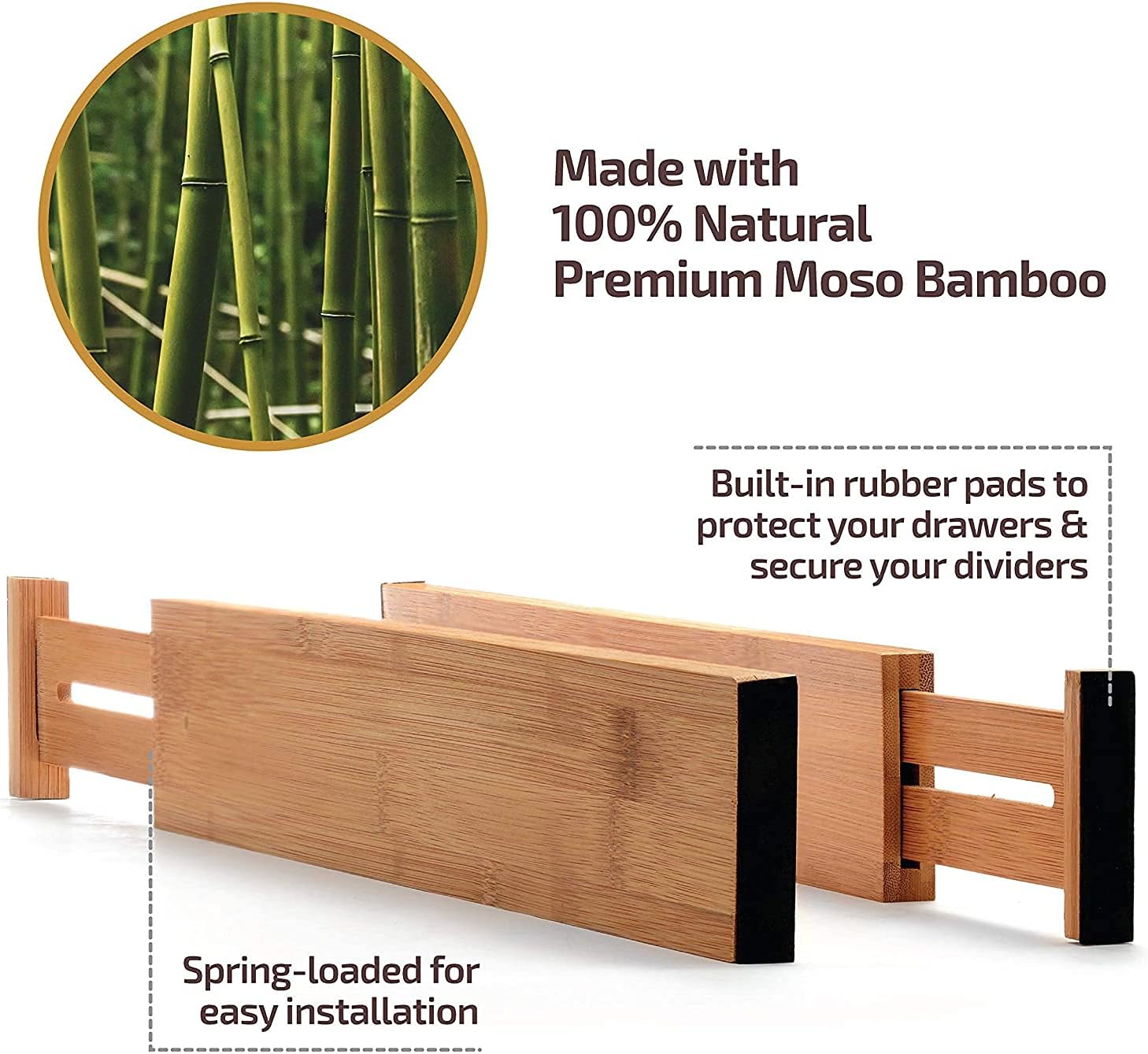 6-Pack Drawer Dividers 2.6-Inch High Dresser Drawer Organizer 16 to 22 Inch | Bamboo, Spring Loaded, No Tools Needed, Fits Wide Drawers for Socks, Clothes, Utensils, Bedroom, Bathroom, Kitchen, Office