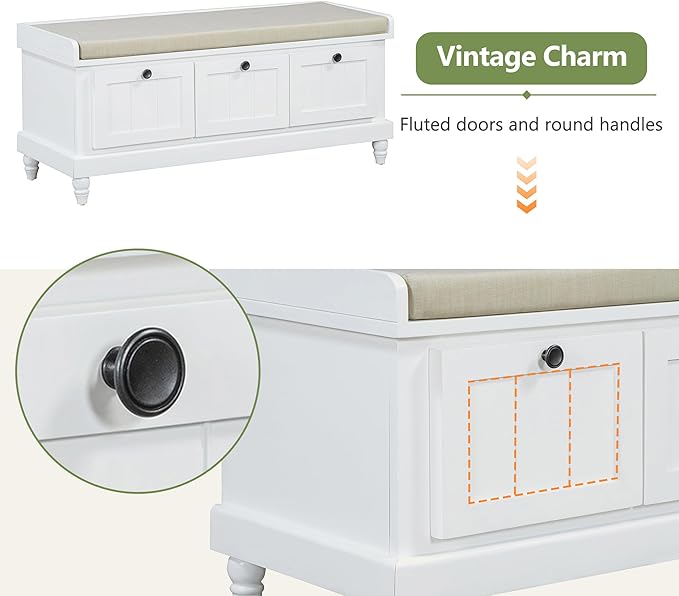 Merax Classic Storage Bench with Cushioned Seat and Three Drawers for Entryway & Living Room & Bedroom, White