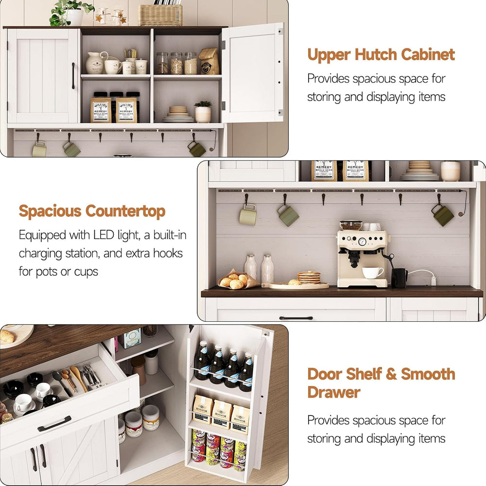 ONBRILL 71" Kitchen Pantry Cabinet with LED Light/Outlet, Off White+Waln...