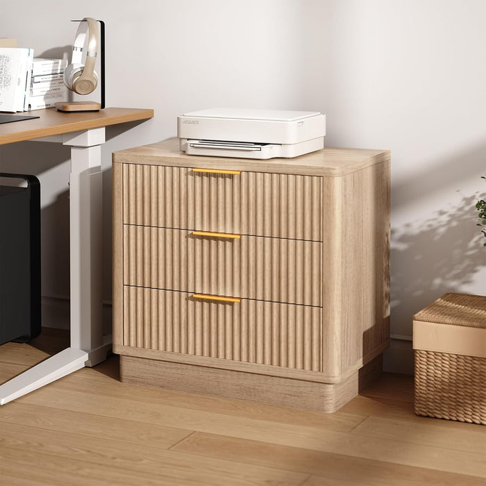 ELYKEN 24" Nightstand with 3 Drawers & Outlet, Fluted End Table Natural Oak | 2 AC Outlets,1 USB Ports, 1 Type C, Charging Station, Fluted Storage Bedside Table, Wood Night Stand, Heavy duty, Bedroom
