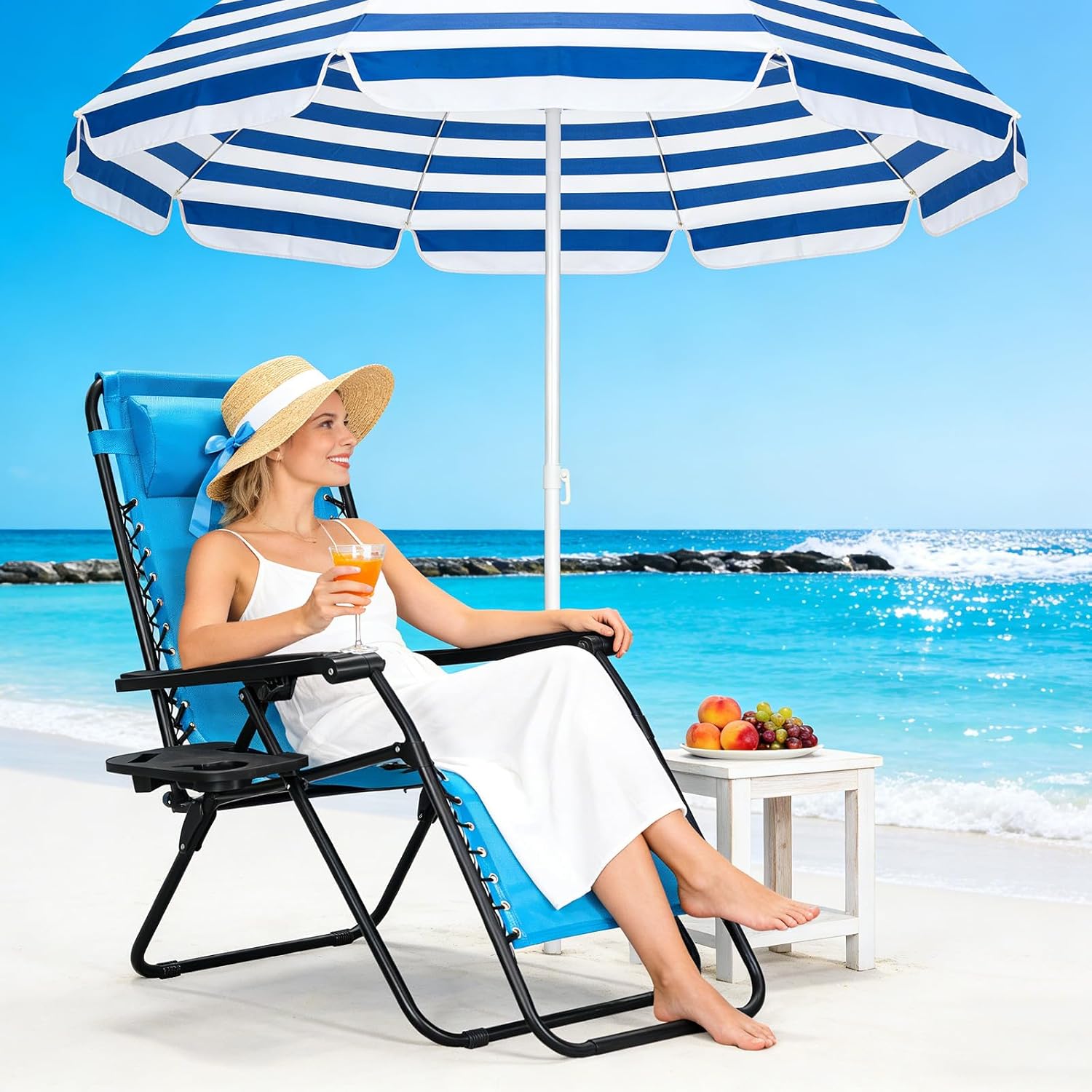 Zero Gravity Chairs Set of 2, Adjustable Lounge Chair Outdoor Recliner, Folding Reclining Lawn Chair, Anti Gravity Chair with Pillow & Cup Holder for Pool Camping Sunbathing Beach Patio (Sky Blue)