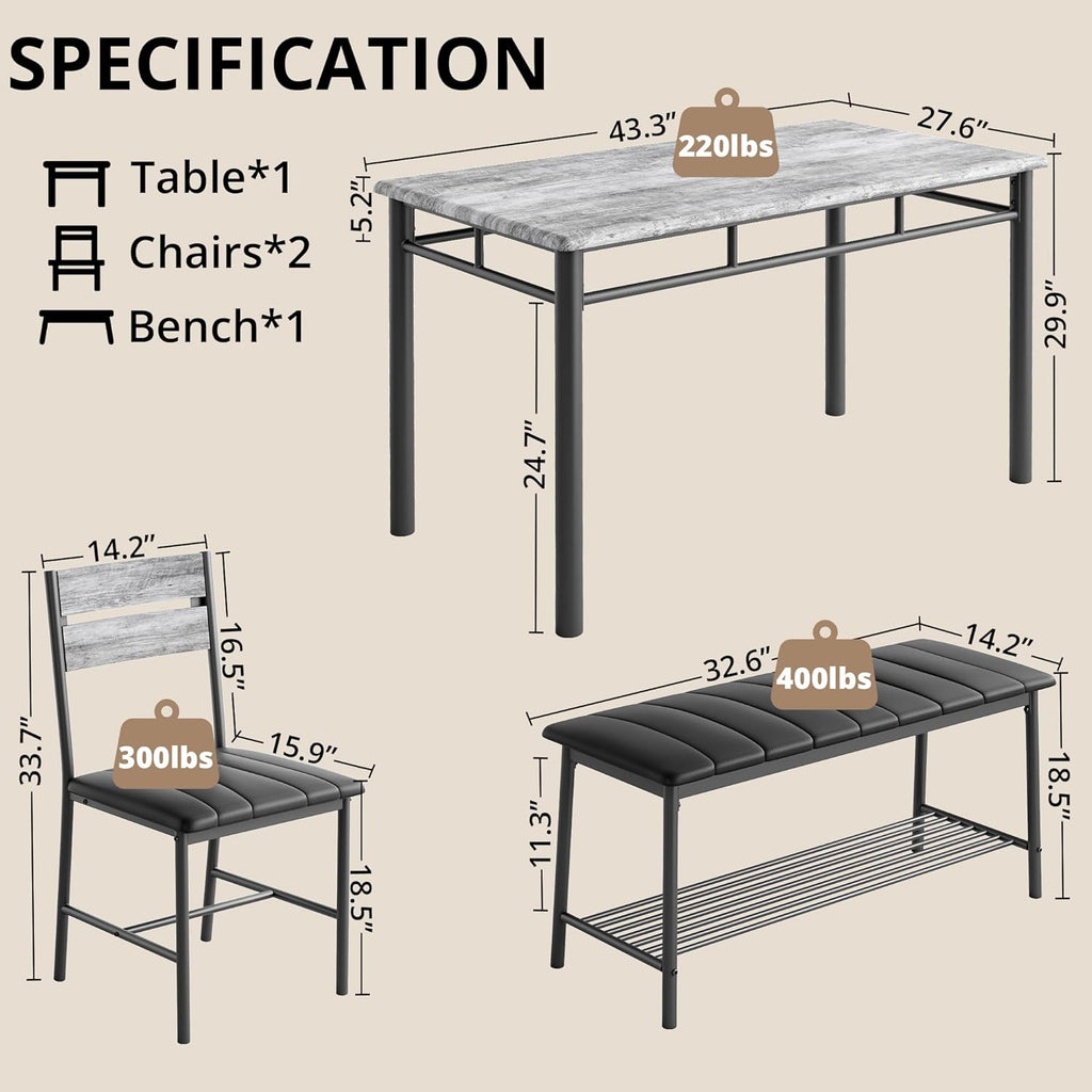 IRONCK Dining Table Set for 4, Kitchen Table with Upholstered Bench and 2 Chairs, Kitchen Table and Chairs Set for Small Space, Apartment, Gray