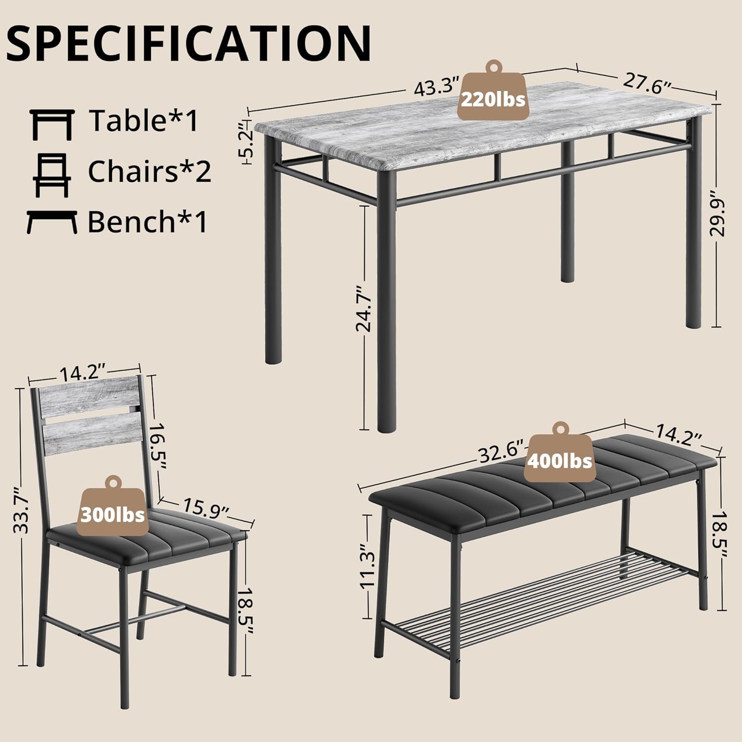 IRONCK Dining Table Set for 4, Kitchen Table with Upholstered Bench and 2 Chairs, Kitchen Table and Chairs Set for Small Space, Apartment, Gray