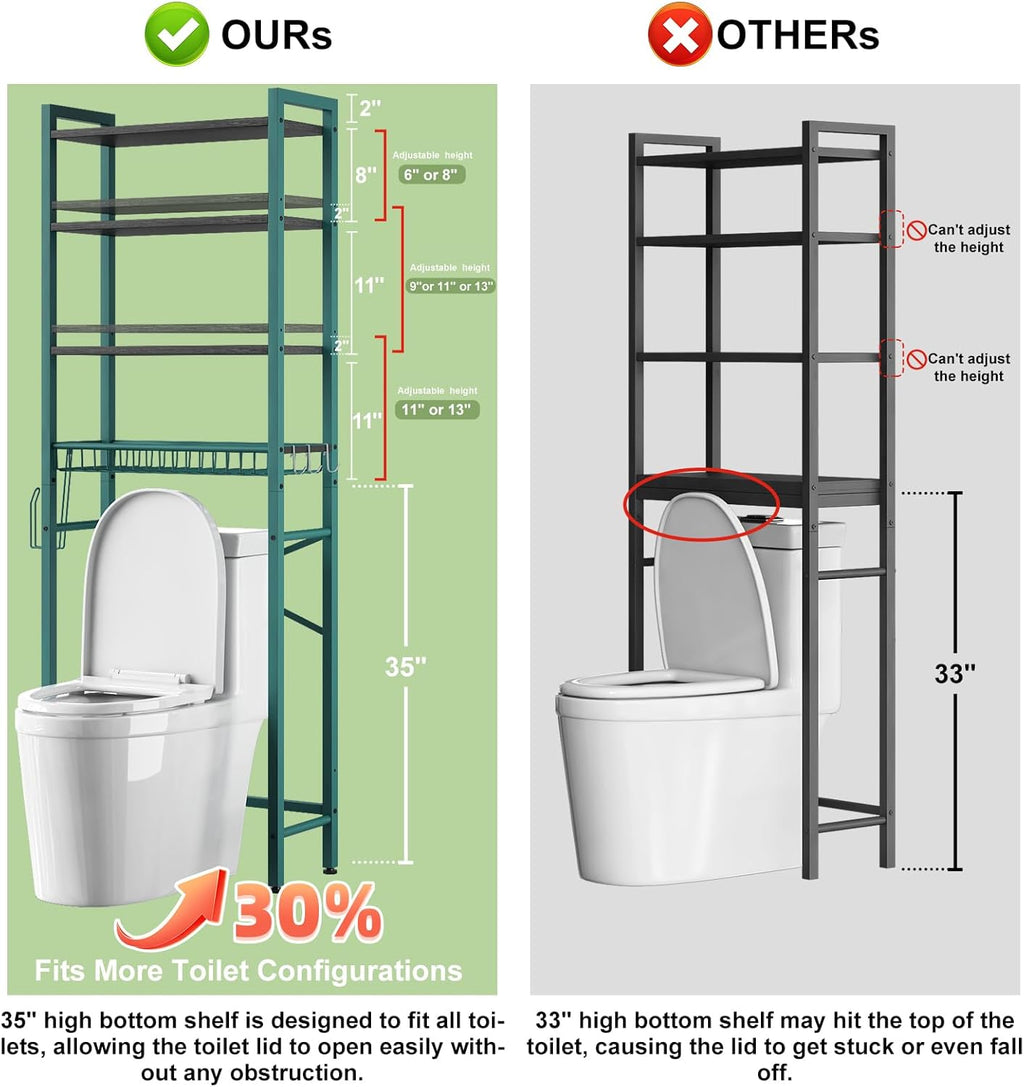 Over-The-Toilet Storage Rack, 4-Tier Bathroom Organizer Shelf Over Toilet with Adjustable Shelf and Basket, Freestanding Space Saver Bathroom Shelves Above Toilet for Room (Green- Black)
