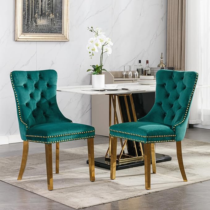 Mid Century Modern Dining Chairs Set of 6, Green Velvet Upholstered Tufted Back, Kitchen & Dining Room Chairs, Gold Metal Legs, Nailhead Trim, Sillas para Comedor (Green, 6 Pcs)