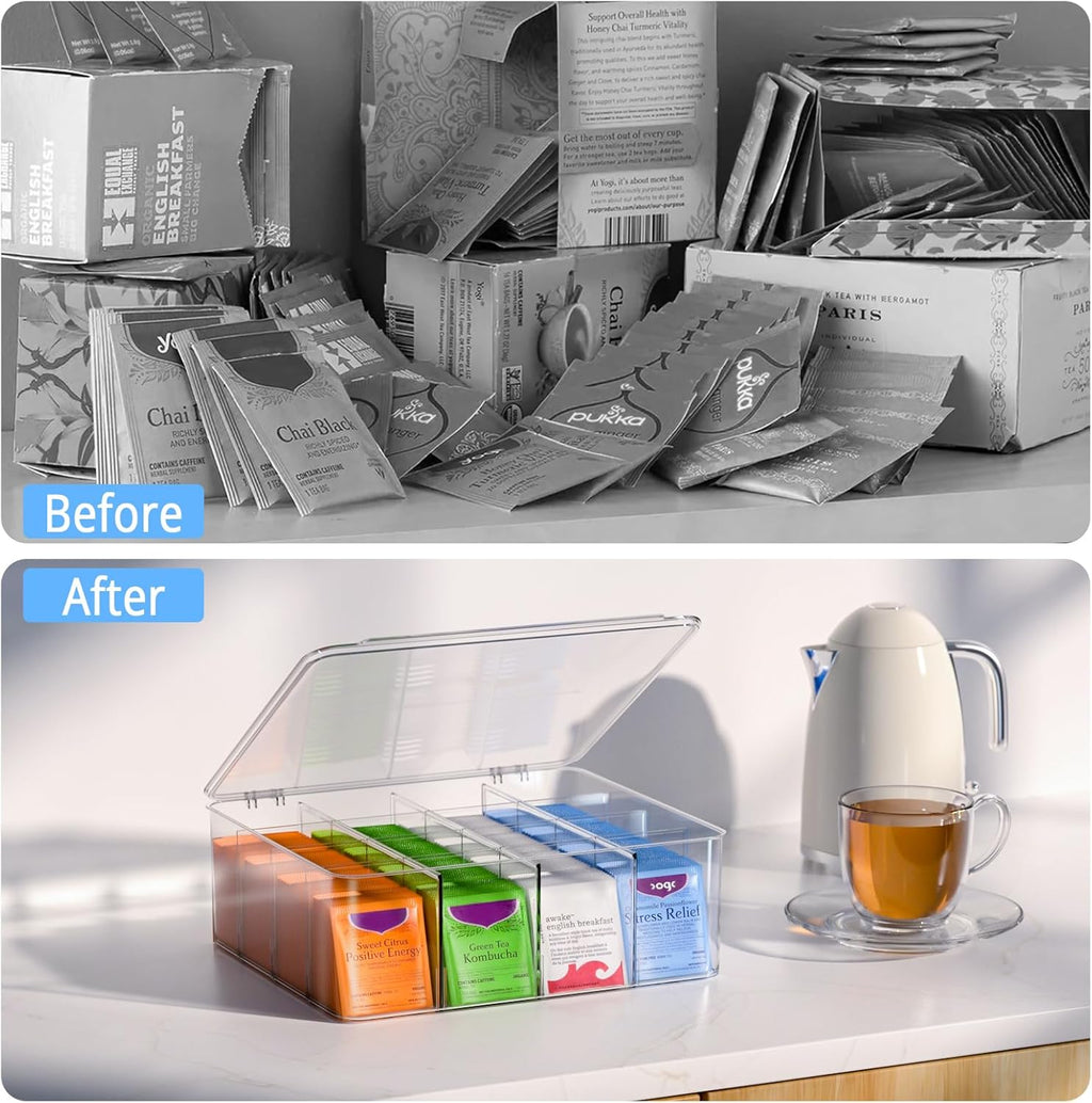Tea Bags Organizer with Lids - Acrylic Tea Packet Organizer for Countertop Pantry, Stackable Clear Storage Box - Large