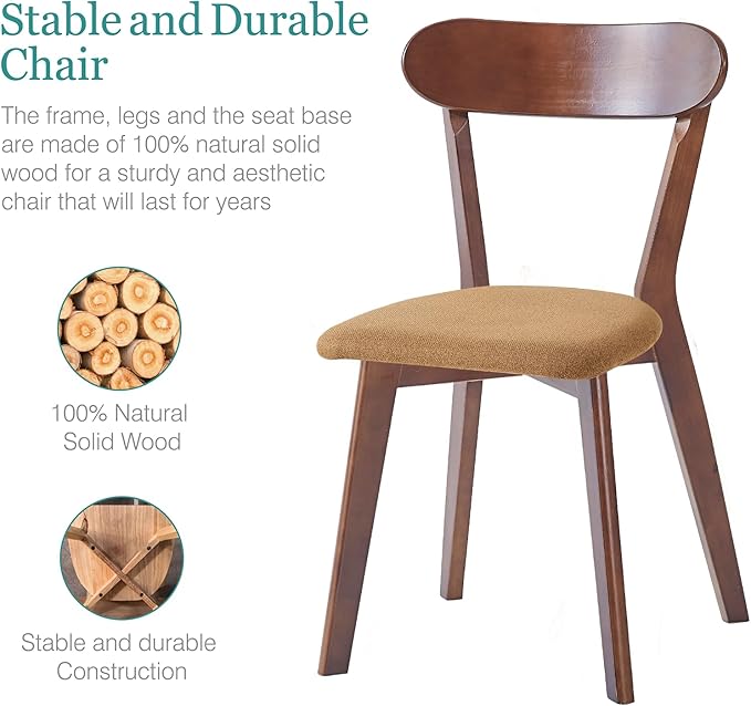 Walnut Solid Wood Chairs Set of 2 for Living Room and Home Kitchen, with Khaki Fixed Cushion (Louis-2 Walnut, Walnut/Khaki)