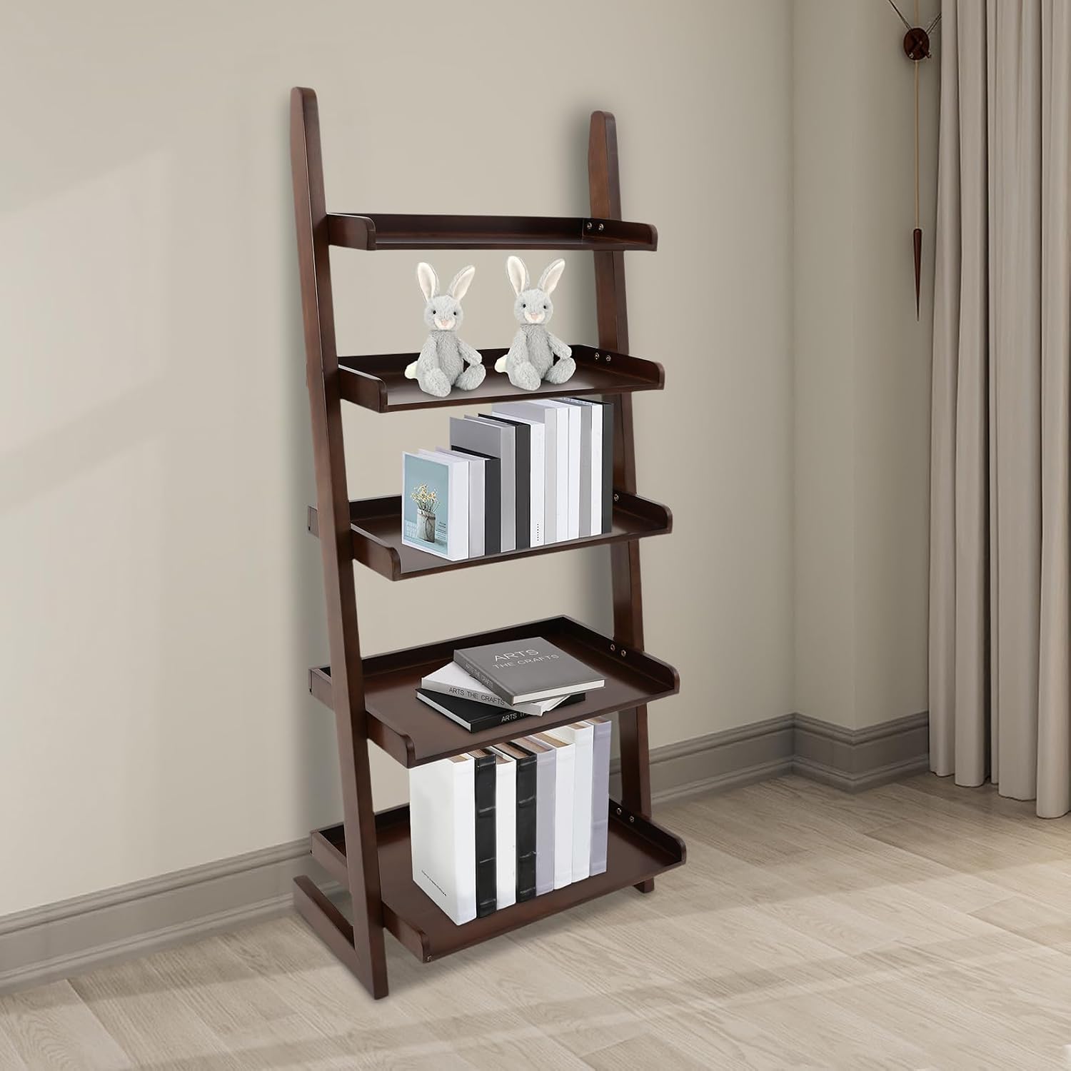 5-Tier Ladder Shelf, Minimalism Wood Ladder Bookshelf L-Shaped Leaning Storage Bookshelf Freestanding Open Bookcase for Living Room Bedroom Offices (Walnut Brown)