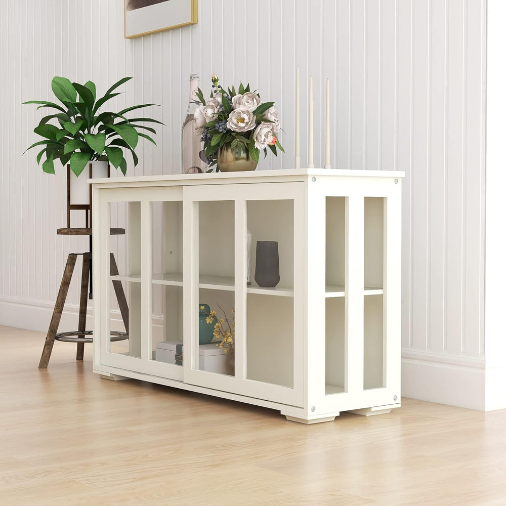 White Sideboard Buffet Cabinet with Sliding Glass Doors, Storage Credenza wit...