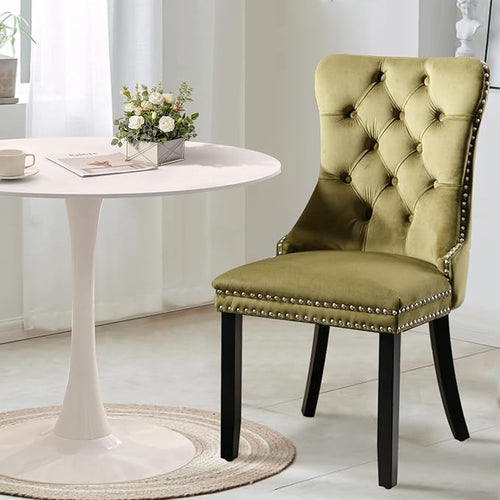 3-Pieces 31.5" Round Dining Table Set for 2,White Dining Table & 2 Velvet Upholstered Dining Chairs for Kitchen Dining Room Apartment Small Space(White Table & Olive Green Chairs)