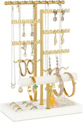 Poyilooo Earring Holder Jewelry Stand, 3 Tier Jewelry Organizer with Ring Holder Tray for Necklace Earring Keychains Bracelet Rings Display Jewelry Tree Stand (Whitegold)