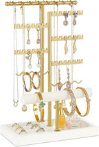 Poyilooo Earring Holder Jewelry Stand, 3 Tier Jewelry Organizer with Ring Holder Tray for Necklace Earring Keychains Bracelet Rings Display Jewelry Tree Stand (Whitegold)