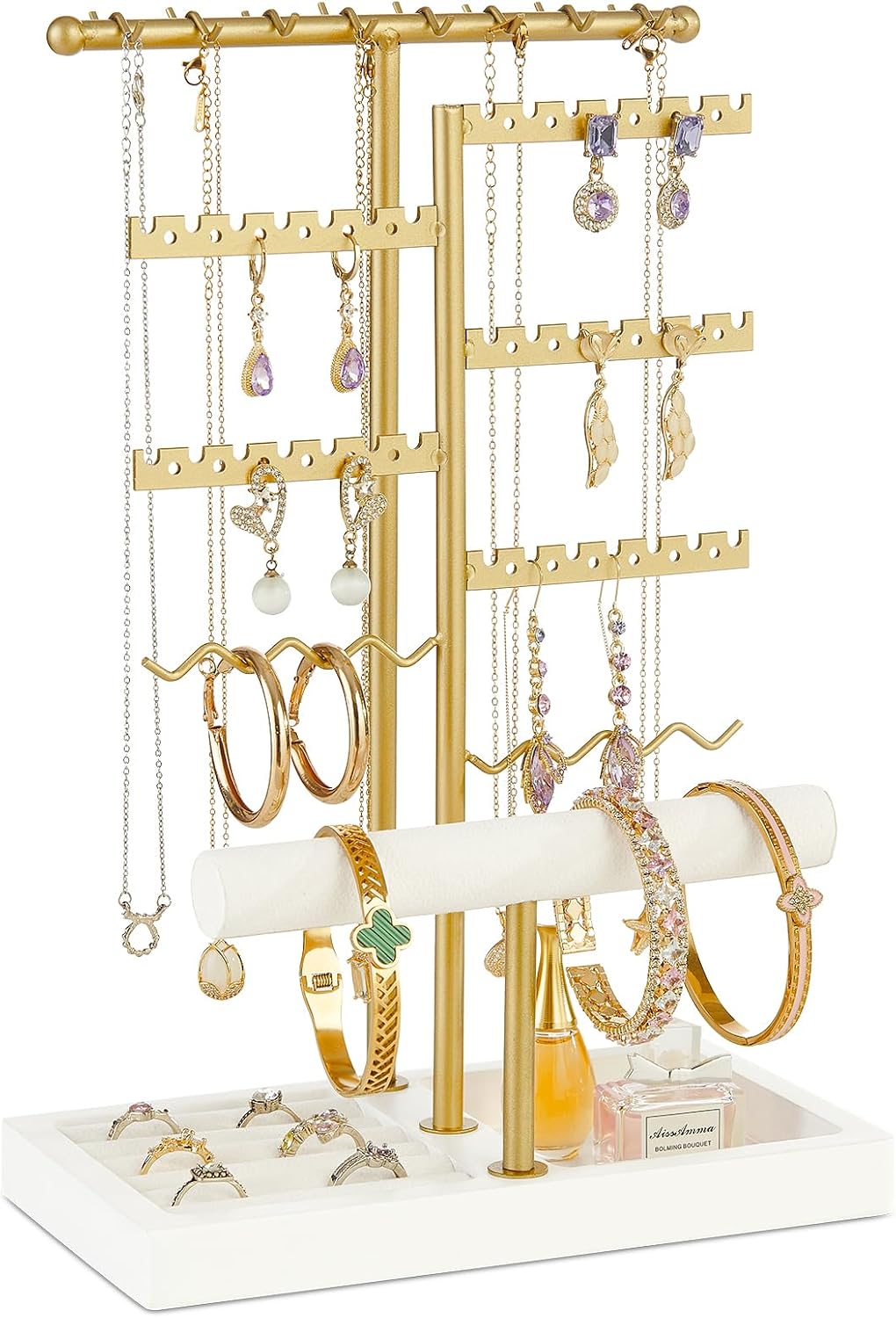 Poyilooo Earring Holder Jewelry Stand, 3 Tier Jewelry Organizer with Ring Holder Tray for Necklace Earring Keychains Bracelet Rings Display Jewelry Tree Stand (Whitegold)