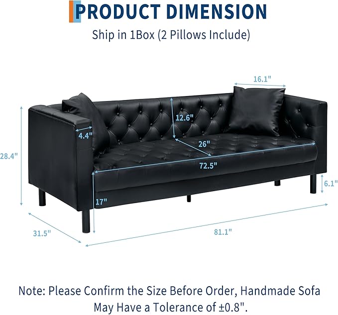 GarveeHome 81 in Leather Couch for Living Room, Modern Leather Sofa with Deep Seat, Handmade Button Tufted 3 Seater Sofa, Chesterfield Couch for Apartment, Office, Black
