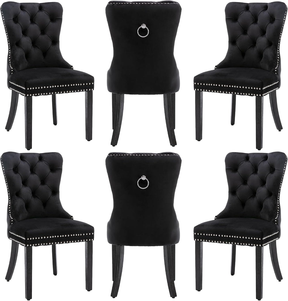 Velvet Dining Chairs Set of 6 with Wood Legs and Pull Ring, Black