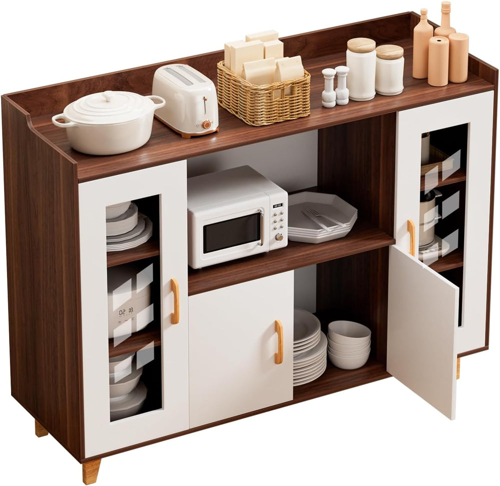 120cm Kitchen Storage Cabinet with 4 Doors & Open Shelf, Wood Grain Buffe...