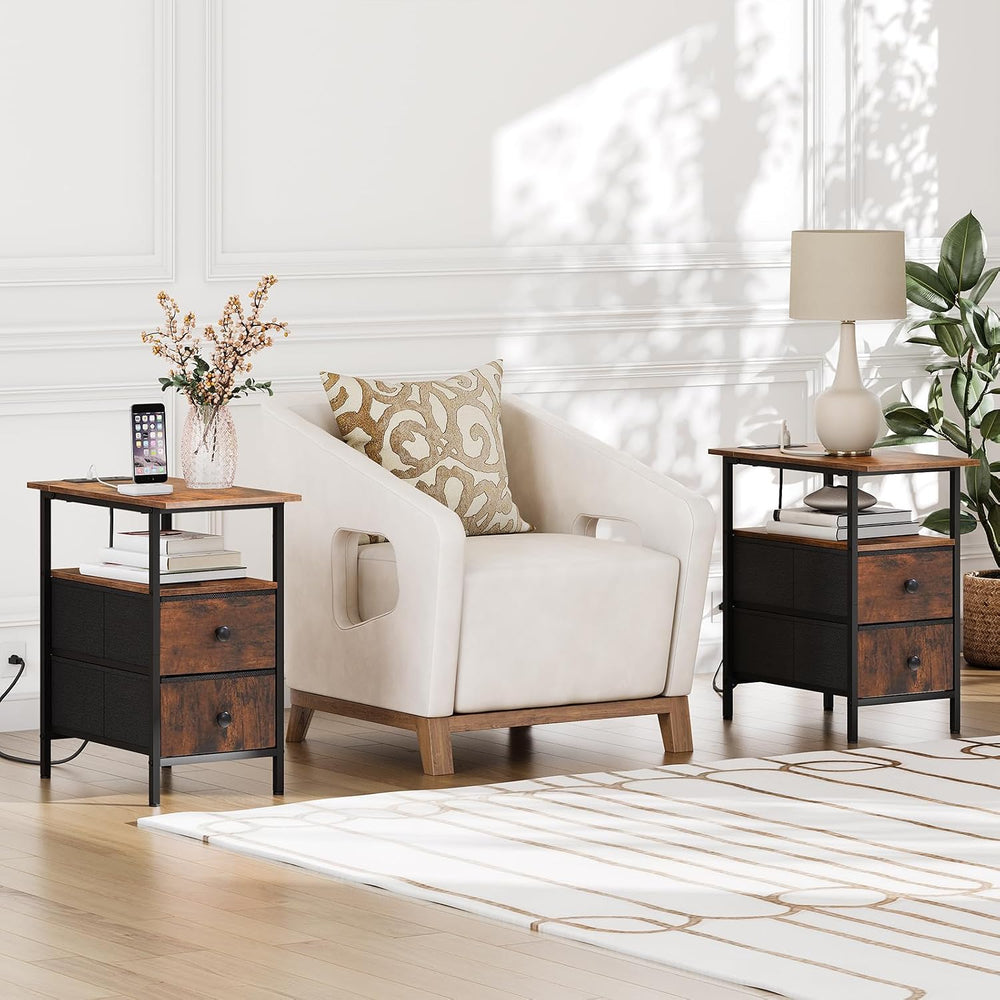 HOOBRO End Table with Charging Station, Set of 2 Narrow Side Tables, Nightsta...