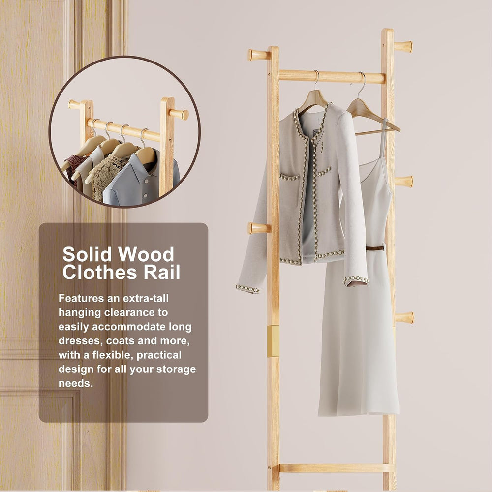 Solid Wood Coat Rack Freestanding, Clothing Rack with 5 Hooks & Bottom Sh...