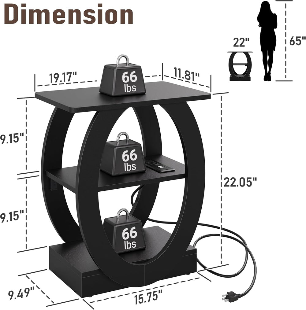 End Table Set of 2 with Charging Station, Black Side Table with USB Ports and...