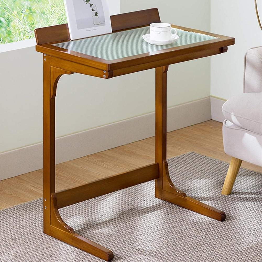 C Shaped End Table with Glass Top, Bamboo Sofa Side Table, Laptop Desk, Snack...