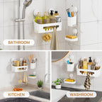 LEVERLOC Shower Caddy Suction Cup Set Shower Organizer & Soap Holder & Toothbrush Holder, Bathroom Shelf Basket NO-Drilling, Removable Suction Storage Waterproof Bathroom Caddy, White