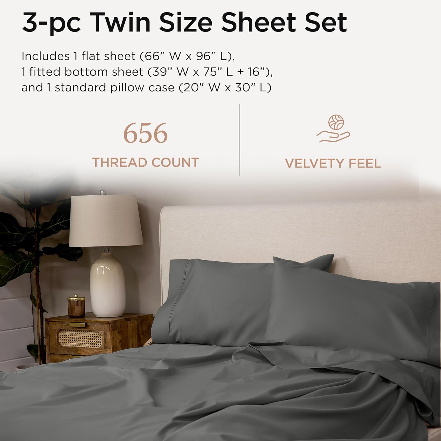 Threadmill Twin Sheet Set |656 Thread Count 100% Supima Cotton Sheets for Twin Mattress | Solid Sateen Twin Bed Sheets Set with 16” Deep Pocket | Soft Breathable 3-Piece Cooling Sheet Set | Dark Grey