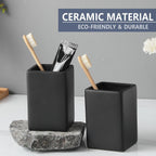Black Square Toothbrush Holders for Bathrooms - 2 Cups Ceramic Square Toothbrush Toothpaste Holders Set, Bathroom Tumbler Cups Reusable Toothbrush Mouthwash Cup, Bathroom Counter Organizer.