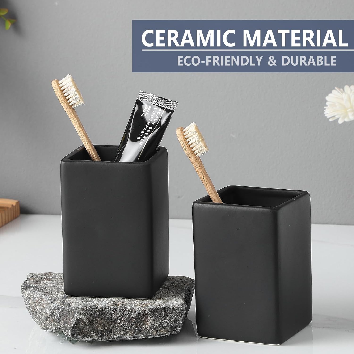 Black Square Toothbrush Holders for Bathrooms - 2 Cups Ceramic Square Toothbrush Toothpaste Holders Set, Bathroom Tumbler Cups Reusable Toothbrush Mouthwash Cup, Bathroom Counter Organizer.