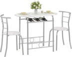 VECELO 3-Piece Dining Table Set for Kitchen Breakfast Nook, Faux Marbled Oval Tabletop and Metal Frame with Built-in Wine Rack, for Small Spaces, White & Silver