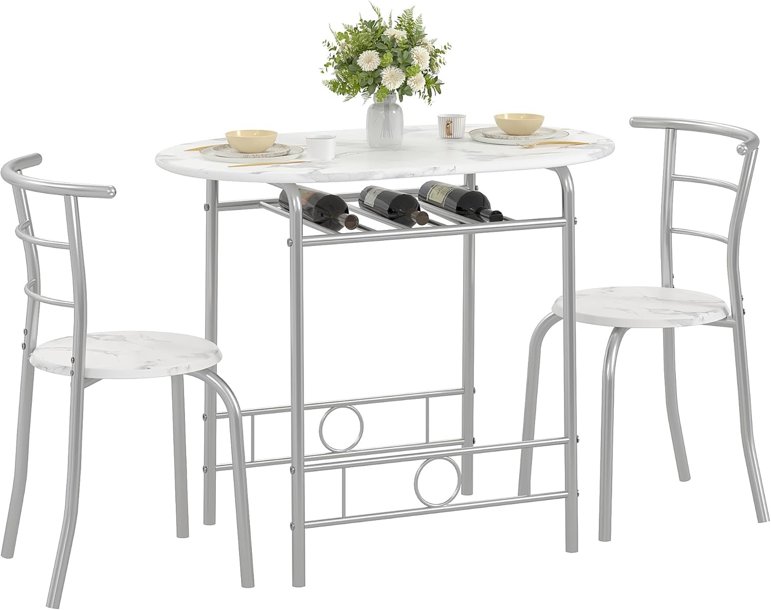 VECELO 3-Piece Dining Table Set for Kitchen Breakfast Nook, Faux Marbled Oval Tabletop and Metal Frame with Built-in Wine Rack, for Small Spaces, White & Silver
