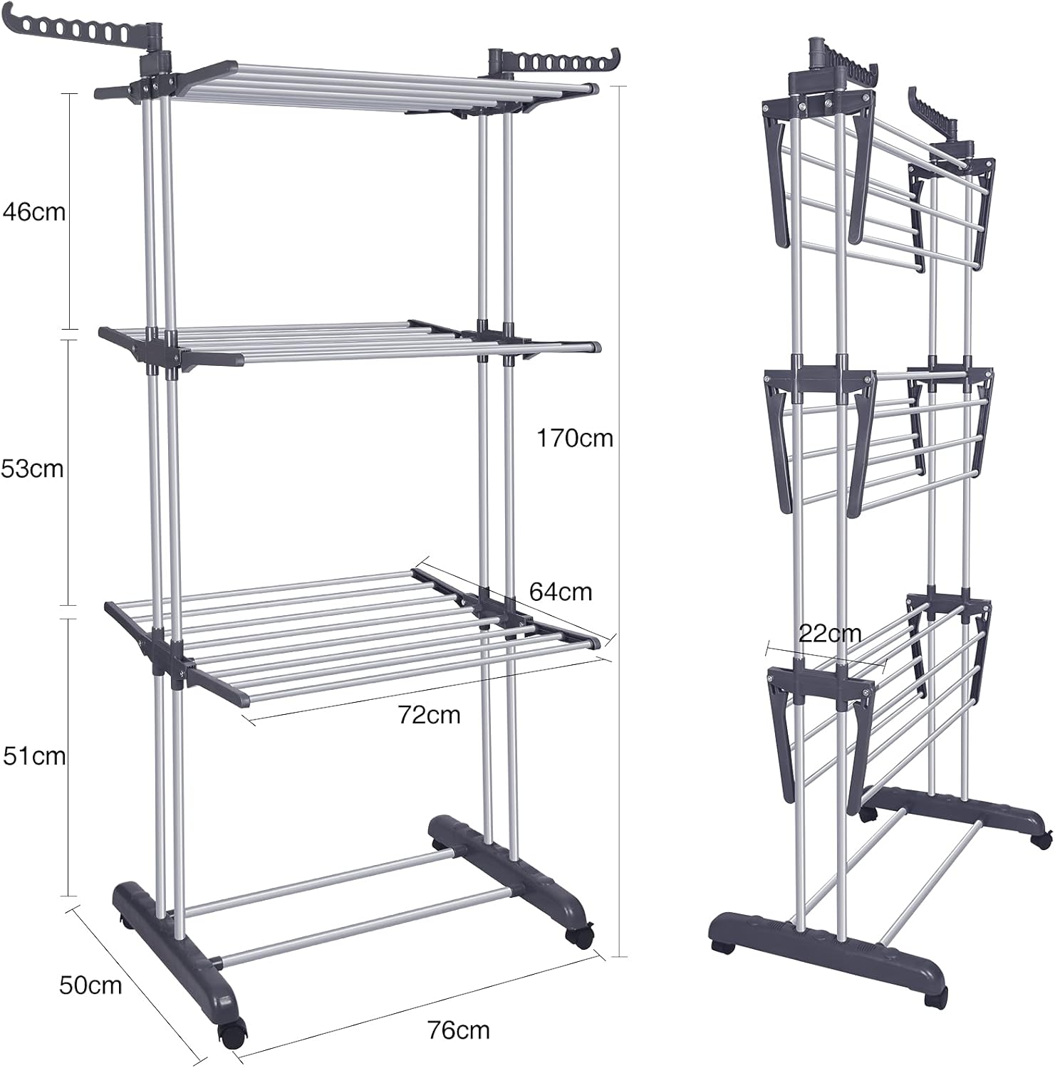 Bigzzia Clothes Drying Rack Folding Drying Rack Clothing 4 Tier Clothes Horses Rack Stainless Steel Laundry Drying Rack with Two Side Wings Grey