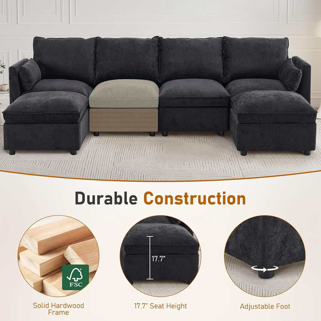 Furnimart 111" Modular Sectional Sofa with Full Seat Storage, U-Shaped 6-Seater Deep Seat Couch with Chenille Fabric Sectional with 2 Movable Ottomans for Living Room, Black