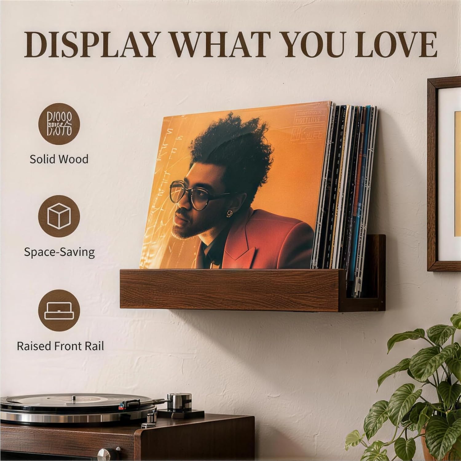 Large Wall Mount Vinyl Record Display, Solid Structure Vinyl Holder Wall, Multi Space Record Holder, Decorative Album Storage Rack for Living Room Bedroom Music Room Dark Walnut Finish