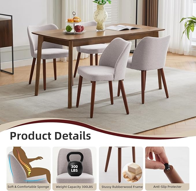 Dining Chair Set of 6, Linen Upholstered Dining Chair with Wood Legs, Wing Backrest, Wooden Kitchen Chair, Kitchen Chairs with Thick Cushions for Dining Room, Living Room, Light Grey