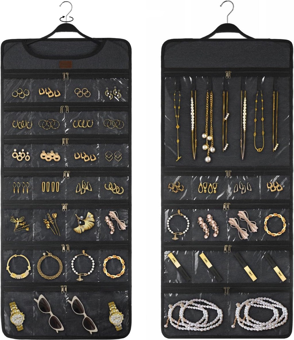 SMRITI Hanging Jewelry Organizer with Dual Zippered Pockets Canvas Double Sided Rotating Hanger Necklace Hanging Wall Organizer Earring Dustproof Holder Wall Mount Accessories Display Bag(Dark Grey)