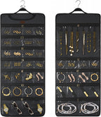 SMRITI Hanging Jewelry Organizer with Dual Zippered Pockets Canvas Double Sided Rotating Hanger Necklace Hanging Wall Organizer Earring Dustproof Holder Wall Mount Accessories Display Bag(Dark Grey)