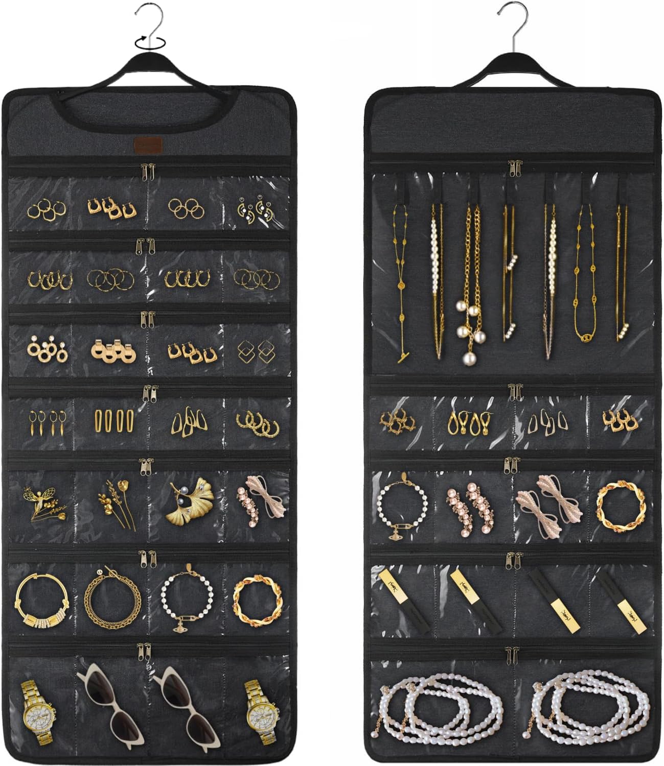 SMRITI Hanging Jewelry Organizer with Dual Zippered Pockets Canvas Double Sided Rotating Hanger Necklace Hanging Wall Organizer Earring Dustproof Holder Wall Mount Accessories Display Bag(Dark Grey)