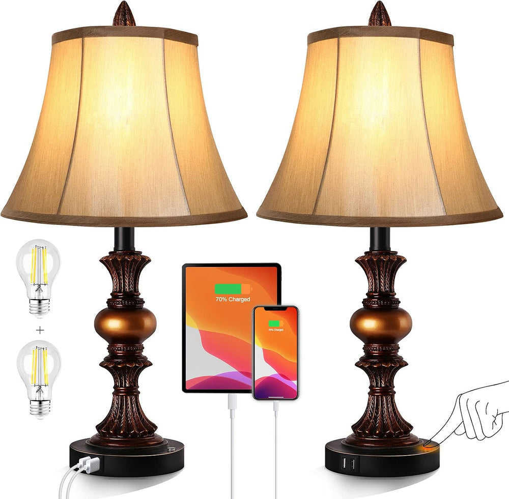 Touch Control Traditional Table Lamp Set of 2, Vintage Bedside Lamps with Dua...