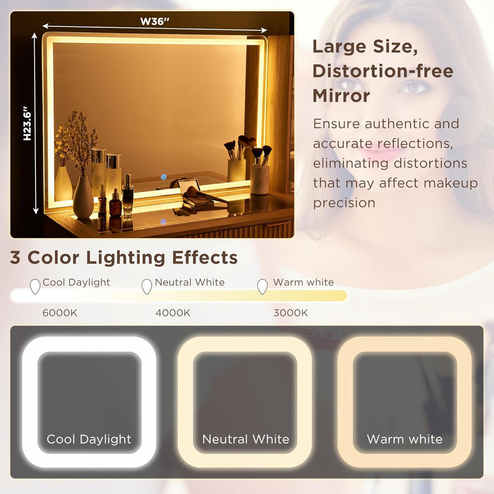 T4TREAM 48" Fluted Makeup Vanity Desk with 36" Lighted Mirror, Blac...
