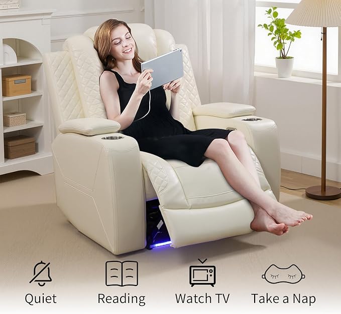 Power Recliner Chair, Leather Recliners with Home Theater Seating, Oversized Single Electric Recliner Sofa Breathable Living Room Chairs for Adults Reading Gaming, White