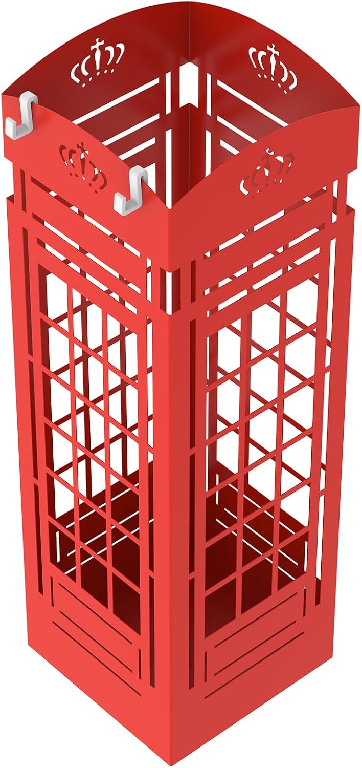 Square Metal Umbrella Holder, Square Free Standing Umbrella Rack Decorative Umbrella Holder Hollow Cutout Pattern Design for Umbrella Cane Entryway Home Office 19.49" X 6.1" X 6.1"(Red hollowed out)