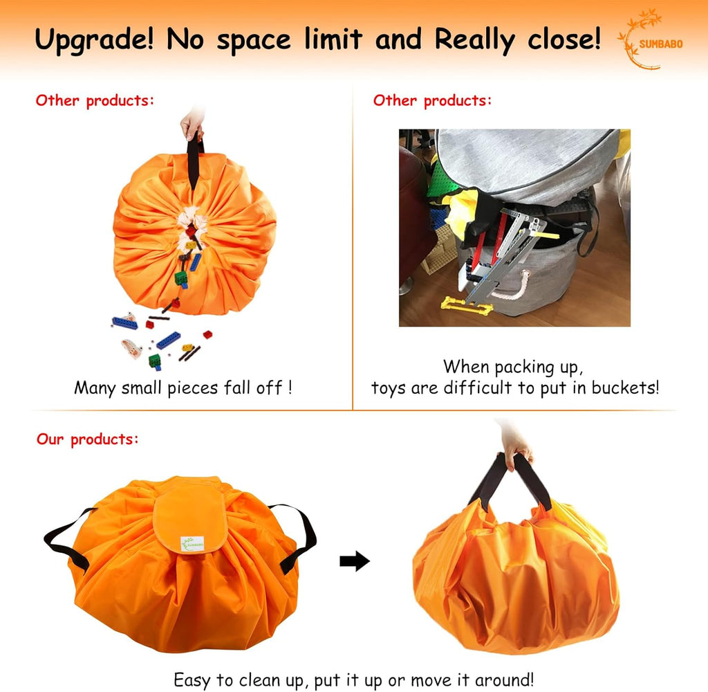 Toy Storage for Lego Play Mat Bag - Duplo Toy Organizer Storage Bag by Drawstring for Kids Tidy Toy with Lips can as Gift (2Pcs = Big Orange + Mini Yellow)