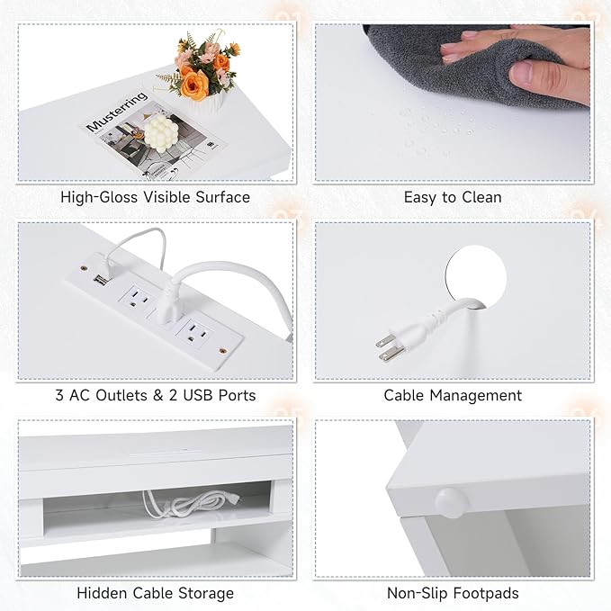 Verano Garden 63" LED TV Stand for 75 Inch TV, High Gloss Entertainment Center with Power Outlet & Light, Modern TV Media Console with 2 Storage Cabinets & Open Shelf for Living Room, Bedroom, White