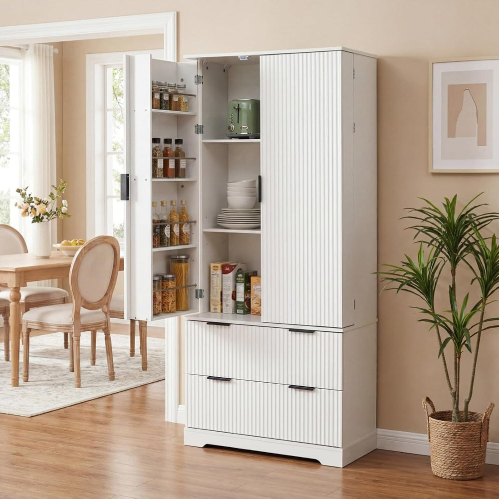 Hassyee 72" Modern Fluted Kitchen Pantry Cabinet with 2 Large Drawers &a...