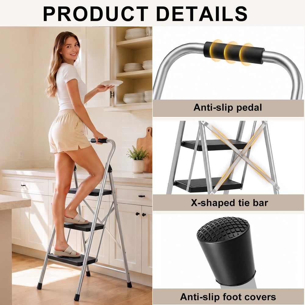 3 Step Ladder for Kitchen Step Stool, Lightweight Folding Step Stool with Cur...