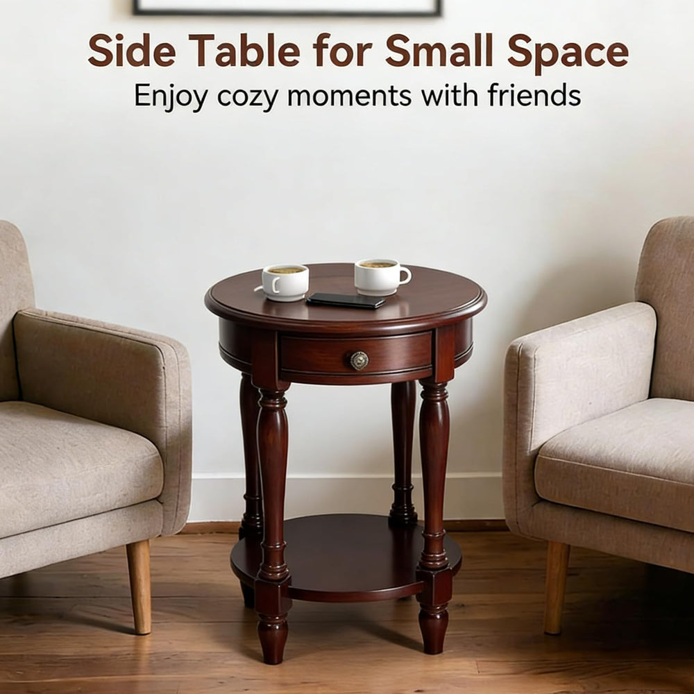 YUNMUAIR-Solid Wood End Table,Round Side Table with Drawers,Vintage Nightstan...
