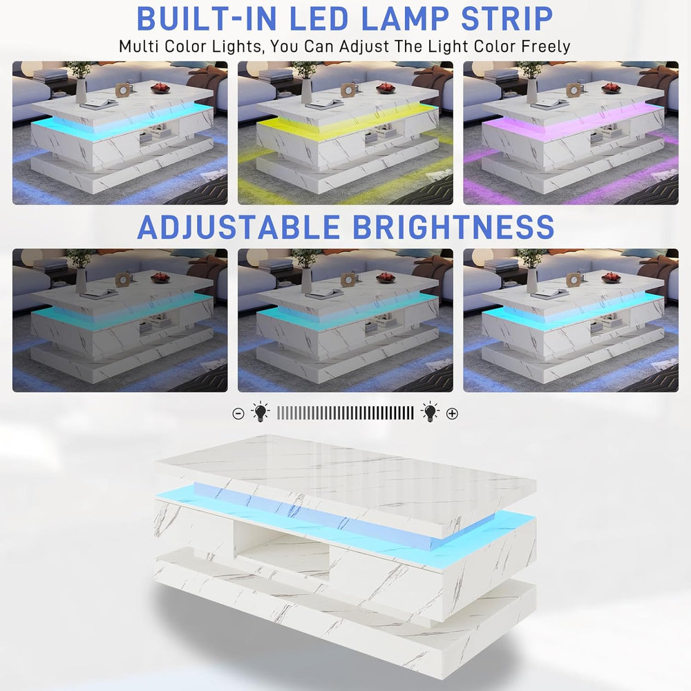 47.2 Inch Modern High Glossy LED Coffee Table with 2 Sliding Drawers, Double-...