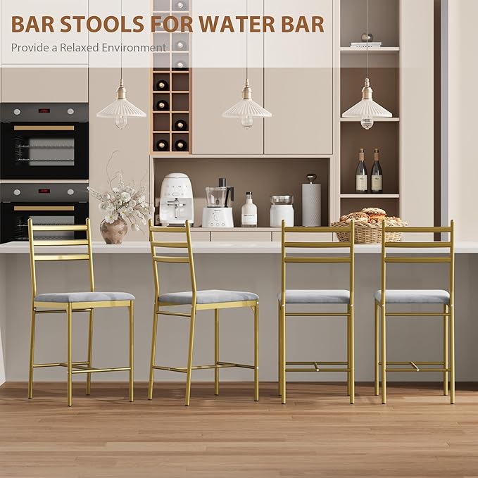 GarveeHome Bar Stools Set of 4, Counter Height Bar Chairs with Back and Thick Cushion, Upholstered Dining Chairs with Padded Seat, Barstools for Kitchen Island, Bar, Dining Room, Retro Gold