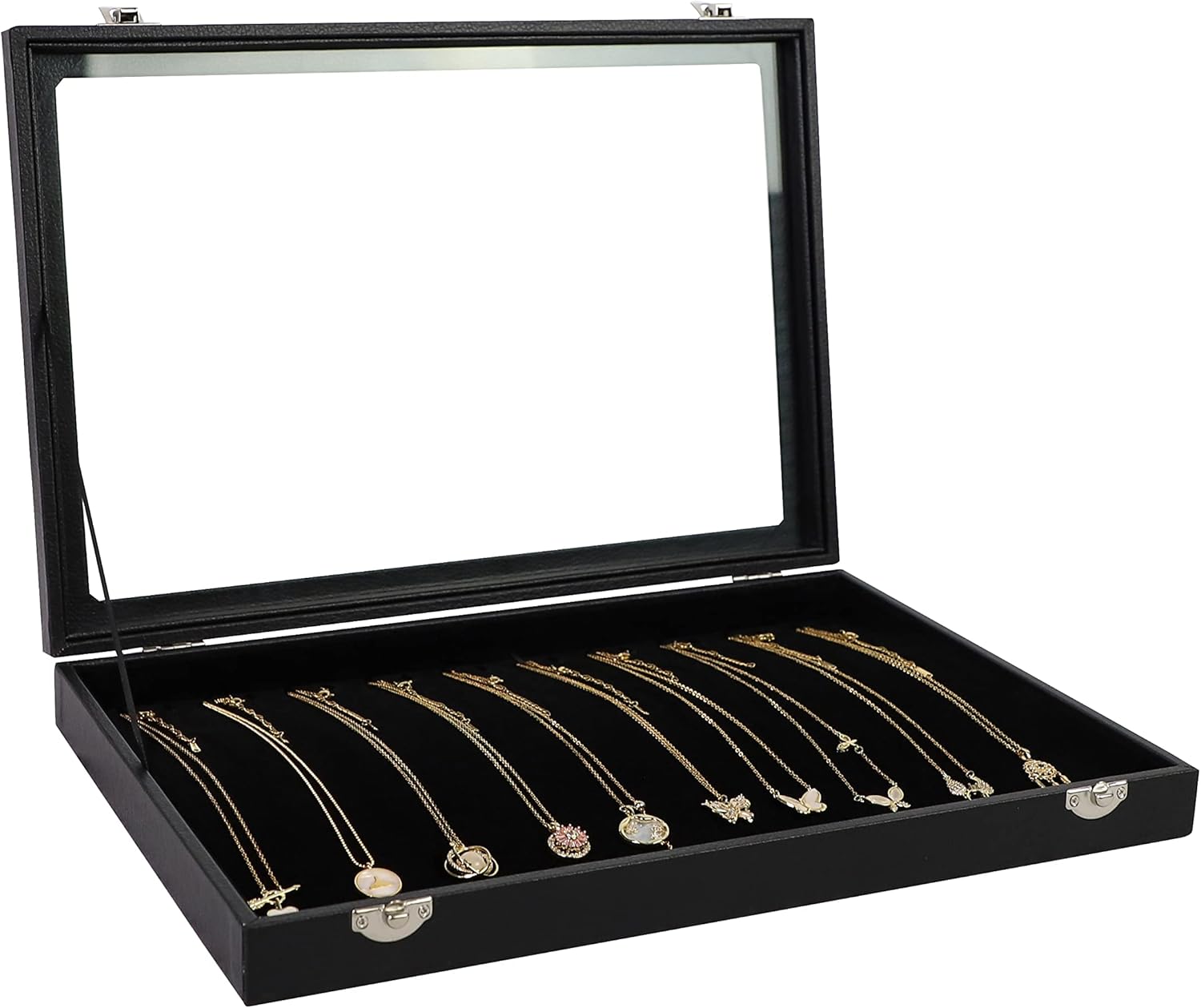 Wudygirl Necklace Organizer 20 Hooks Jewelry Organizer Jewelry Display Stackable Glass Top Lockable Black Velvet Boxes(Necklace Tray)
